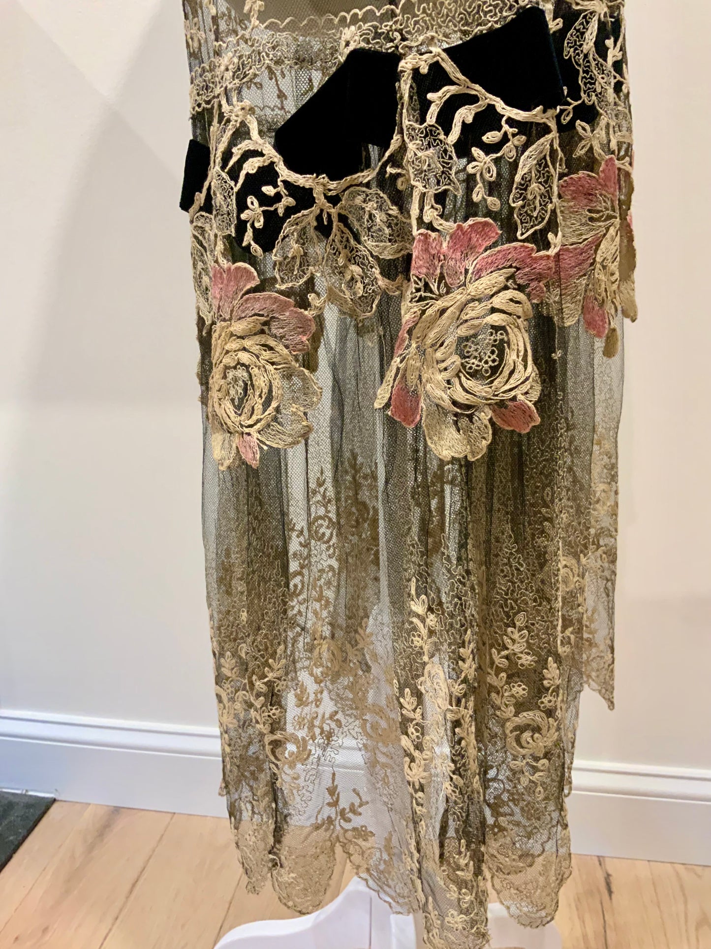 Rare 1920s French Lace Dress. Black Net & Pink Floral Embroidery. Restored Antique Flapper Dress.20AT.