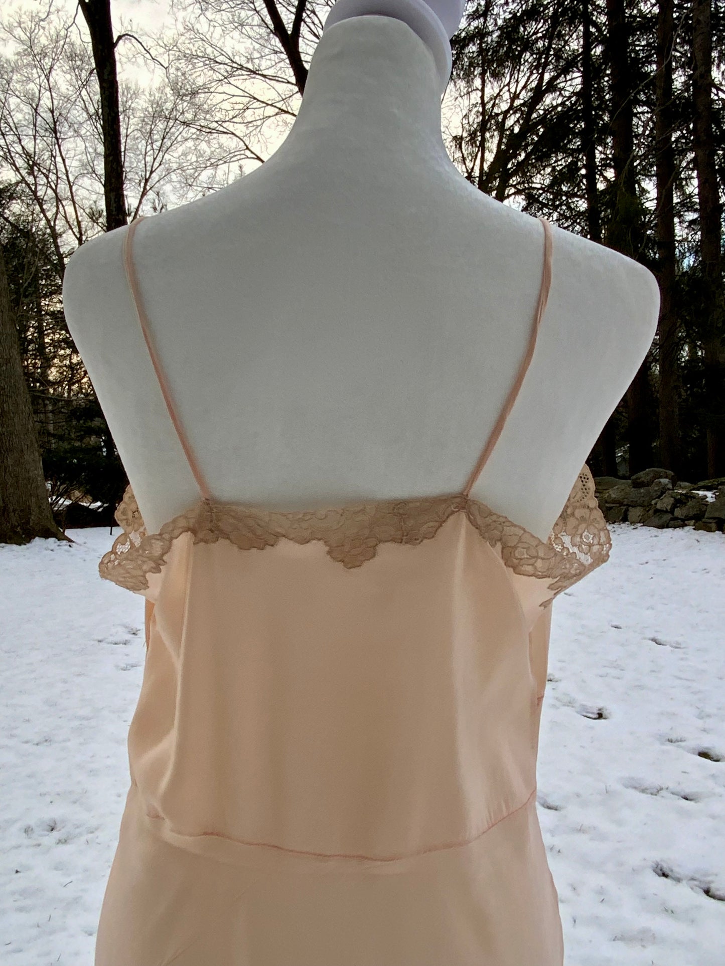 Late 1930s True Silk Peach Slip Dress with Lace Bodice | Bias Cut Antique Lingerie-40AR