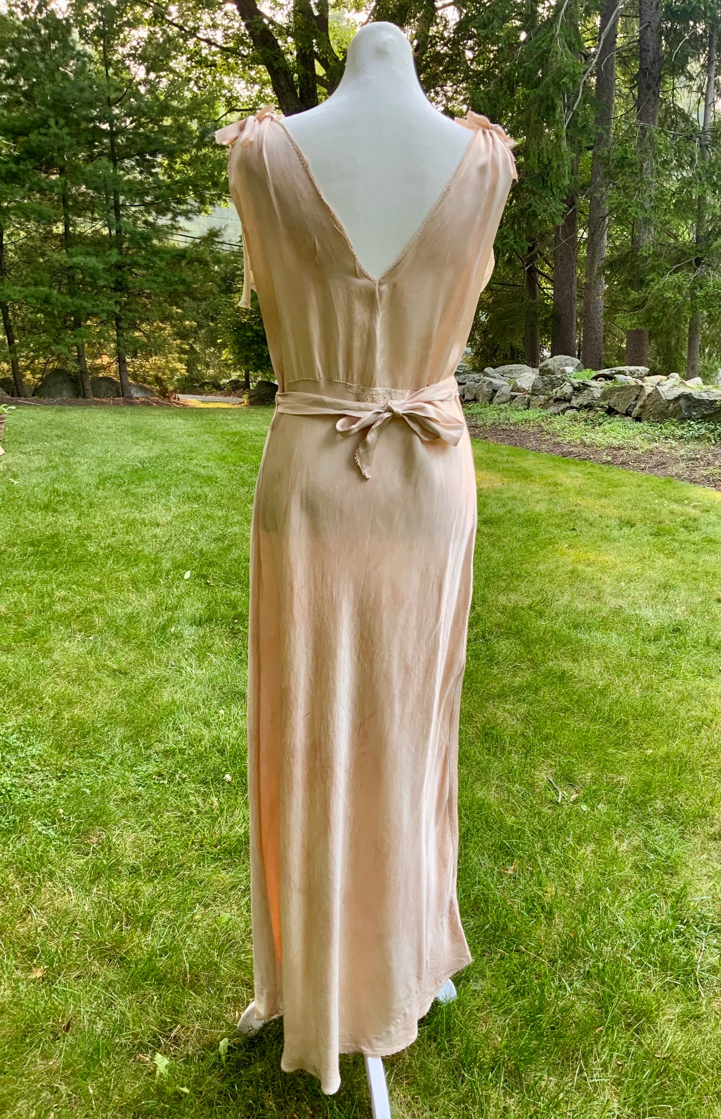 Late 1930s Tea Dyed Champagne Satin Gown Hollywood Glamour Vintage Bridal Slip Dress Boudoir-40BM