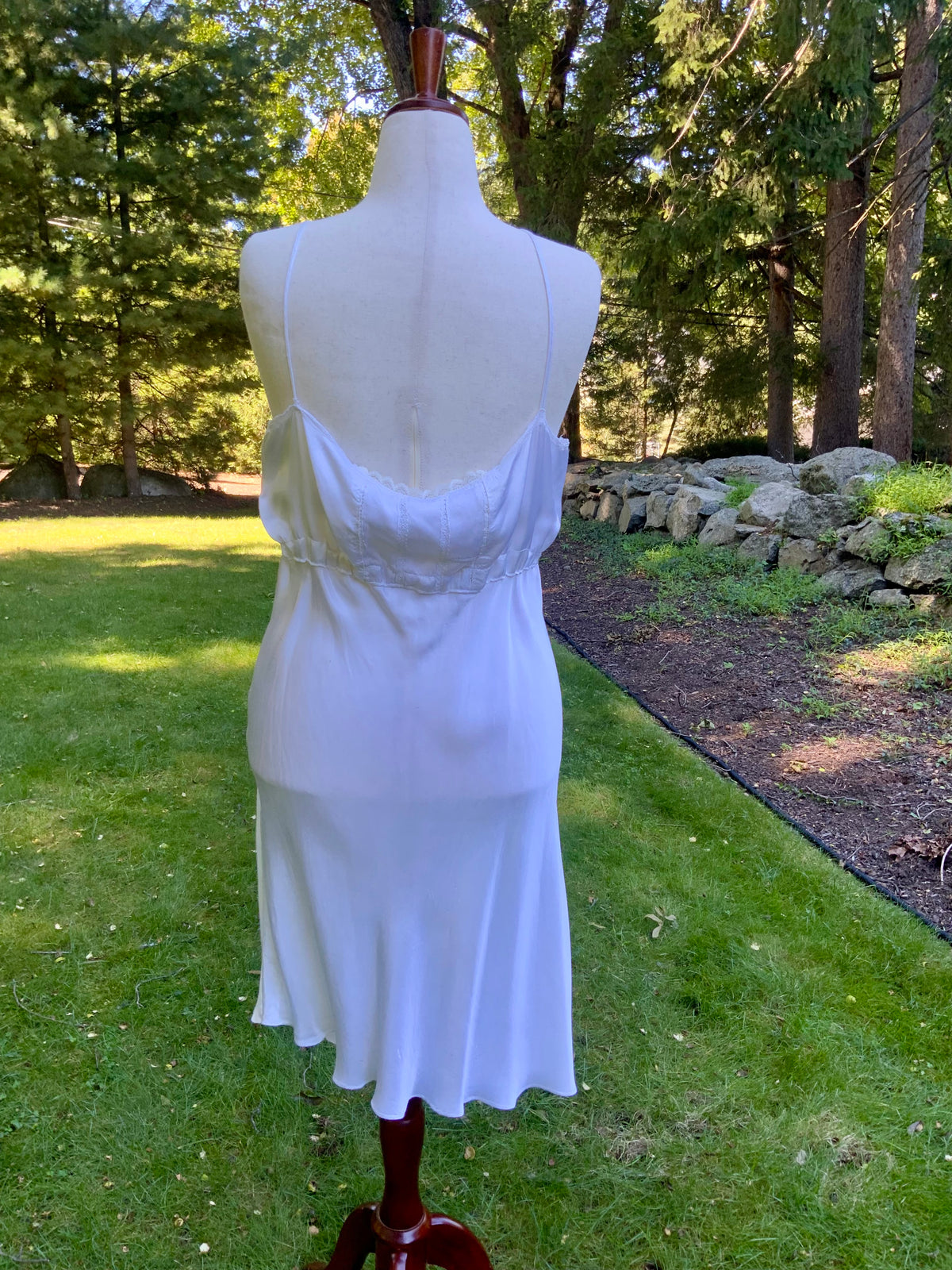 1930s White Satin Slip Dress Bias Cut Bridal Lingerie with Lace and Pleated Bust.40BU