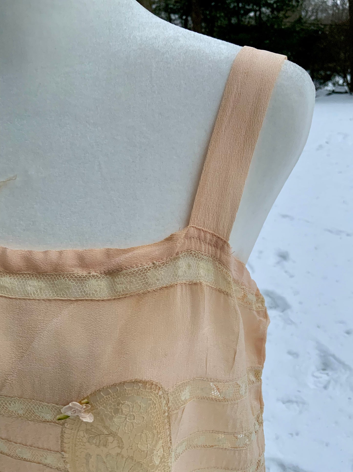 Circa 1912–1918 Blush Pink Silk Chiffon Teddy with Antique Lace – Edwardian Boudoir Lingerie-ED47
