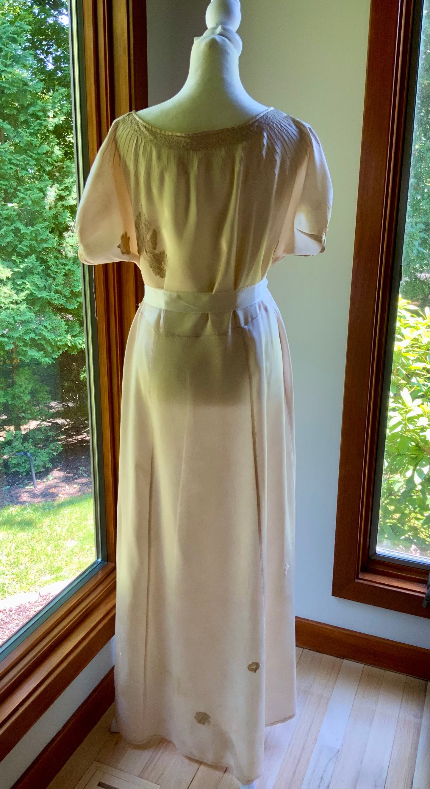1930s Tea Dyed Silk Gown | Restored Antique Silk Lounge Dress | Lace Appliqué