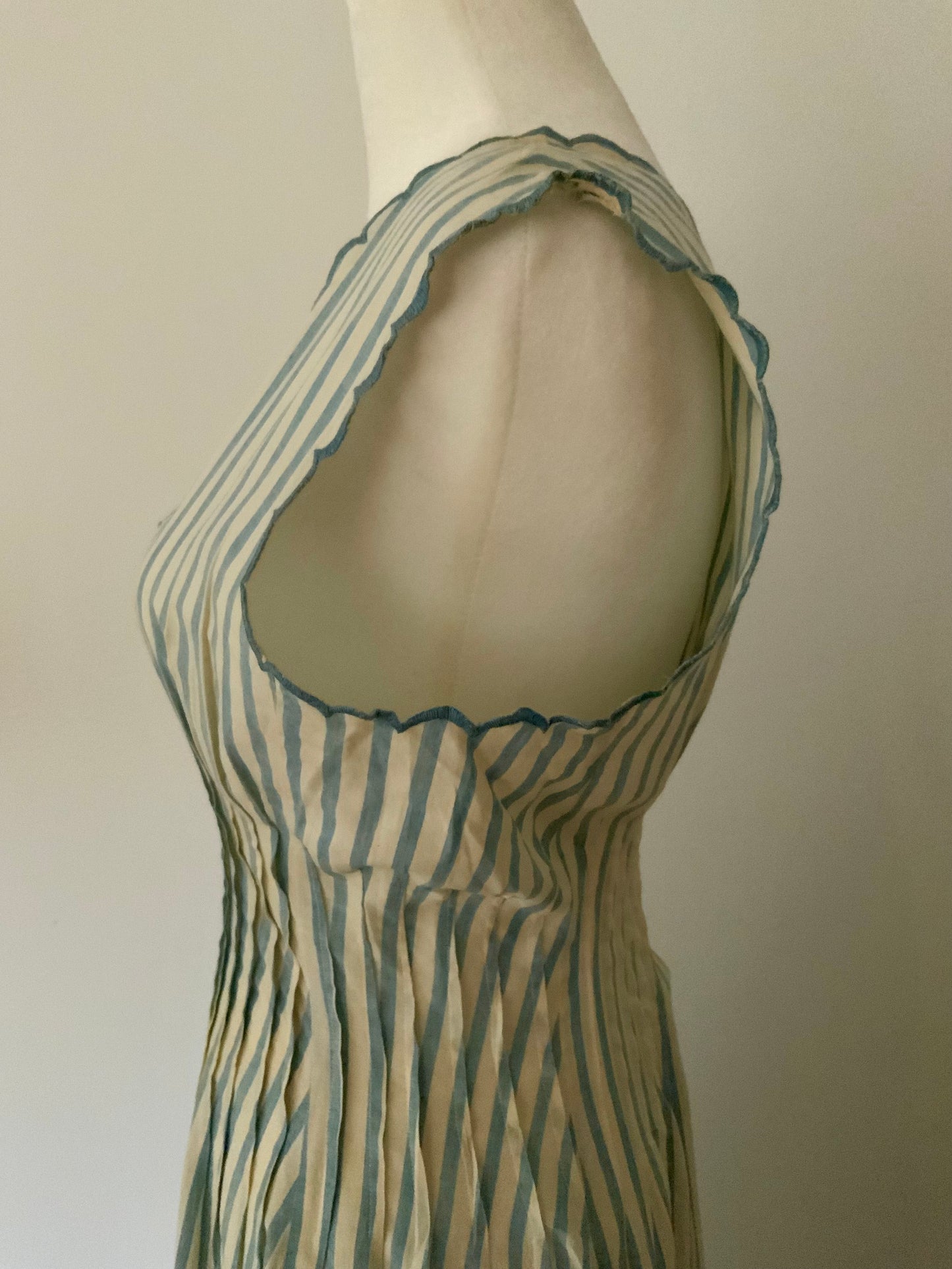 Rare 1915–1922 Edwardian Blue & Ivory Striped Cotton Summer Dress with Chevron Hem-ED42