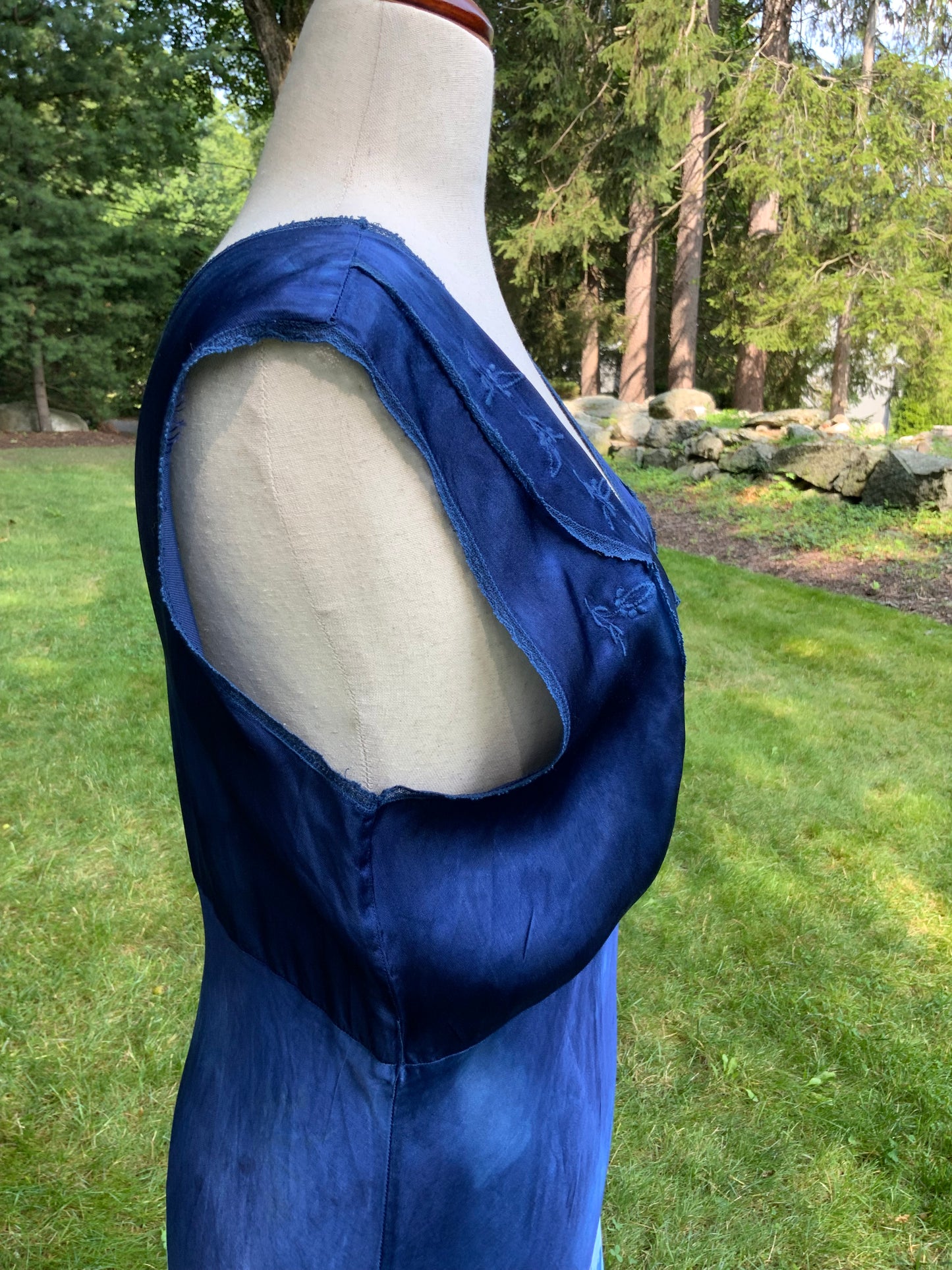 1930s Hand-Dyed Indigo Silk Slip Dress with Batik Resist Dye | OOAK
-40BN