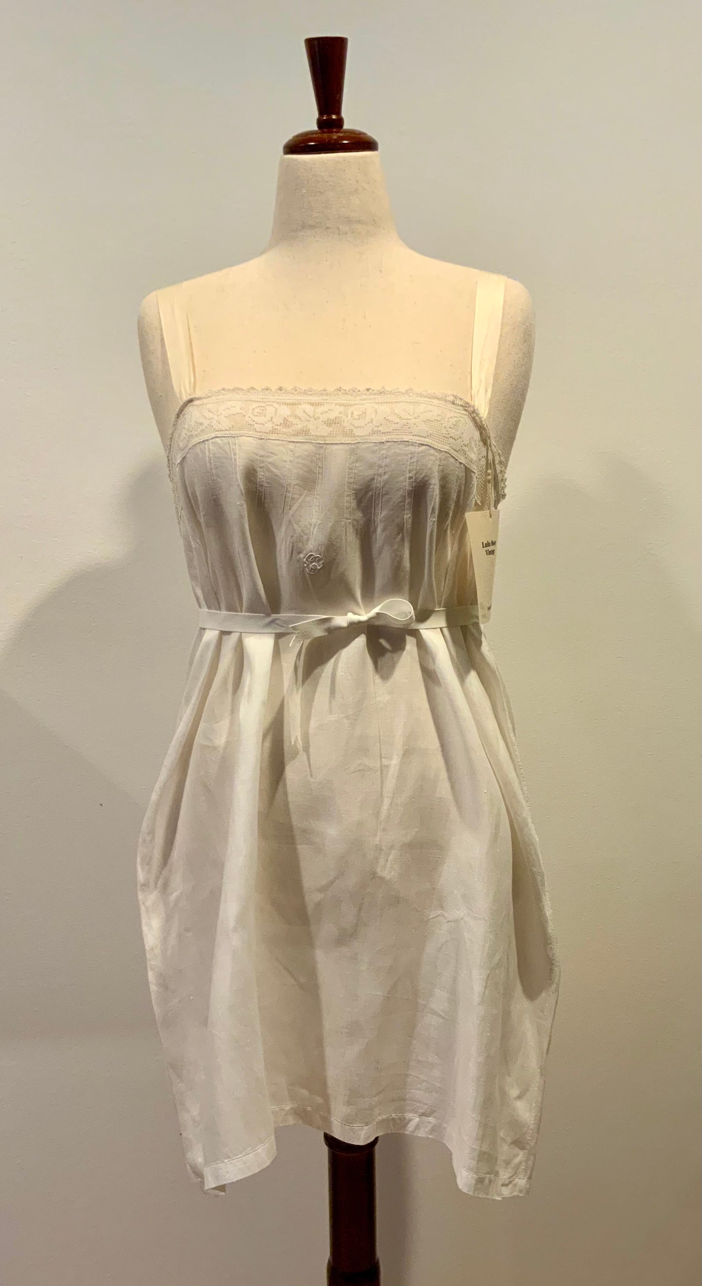 Antique Slip Dress - Filet Lace - Embroidered Initials E C - 1920 - 20C