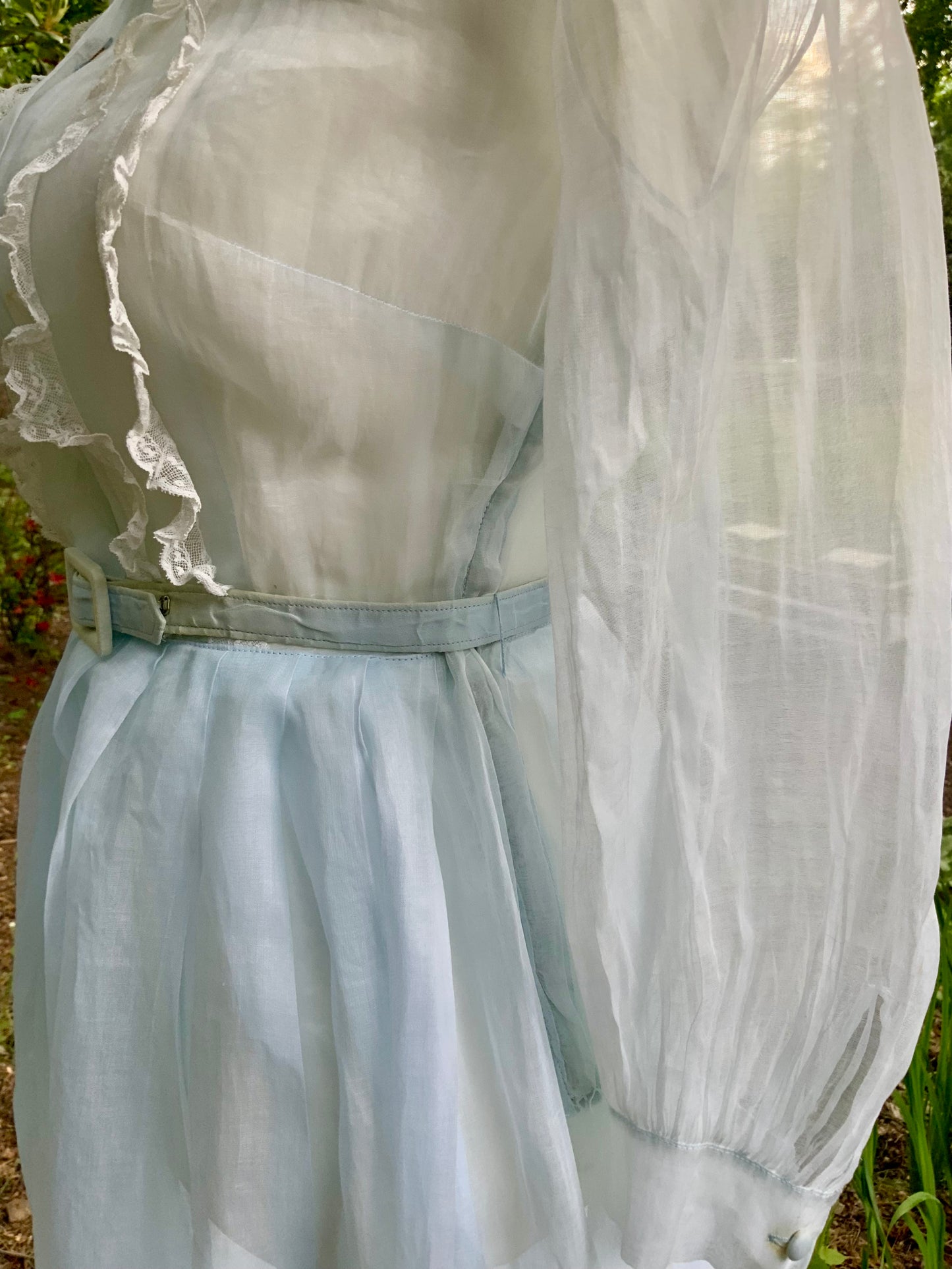 Late 1930s 1940s Sheer Blue Cotton Organdy Dress Romantic Lingerie Style Dress-30CR
