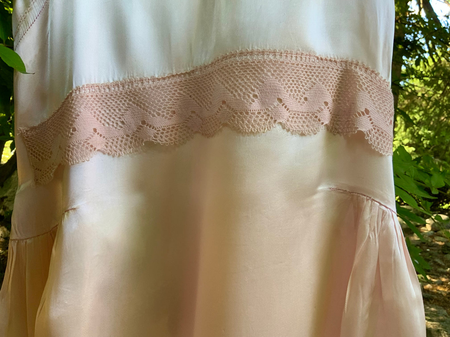 Rare 1930s Blush Pink Satin Boudoir Gown with Embroidery & Ribbon Sash-30DA