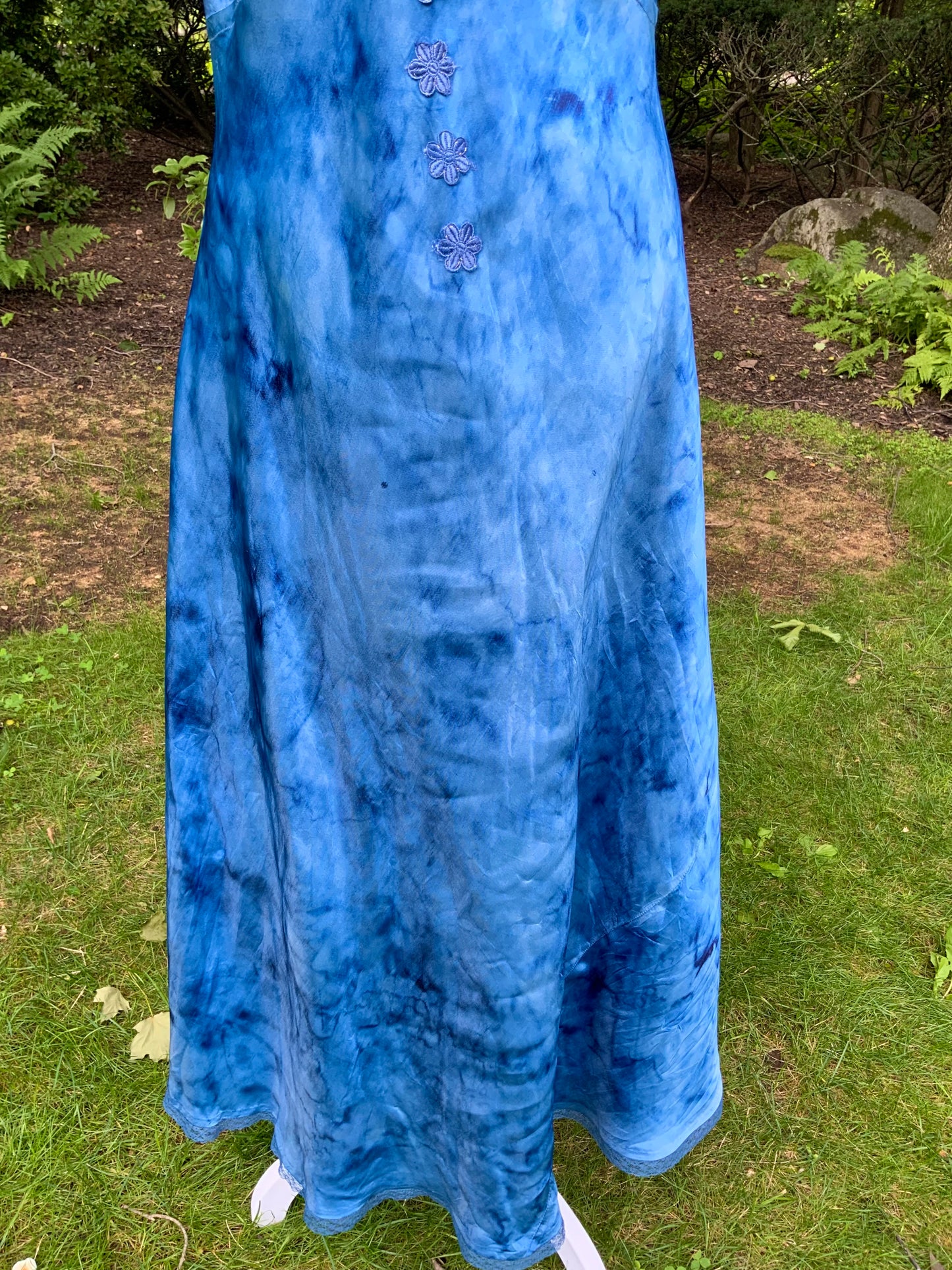 1930s Hand Dyed Blue Satin Nightgown with Floral Appliqués.40CG