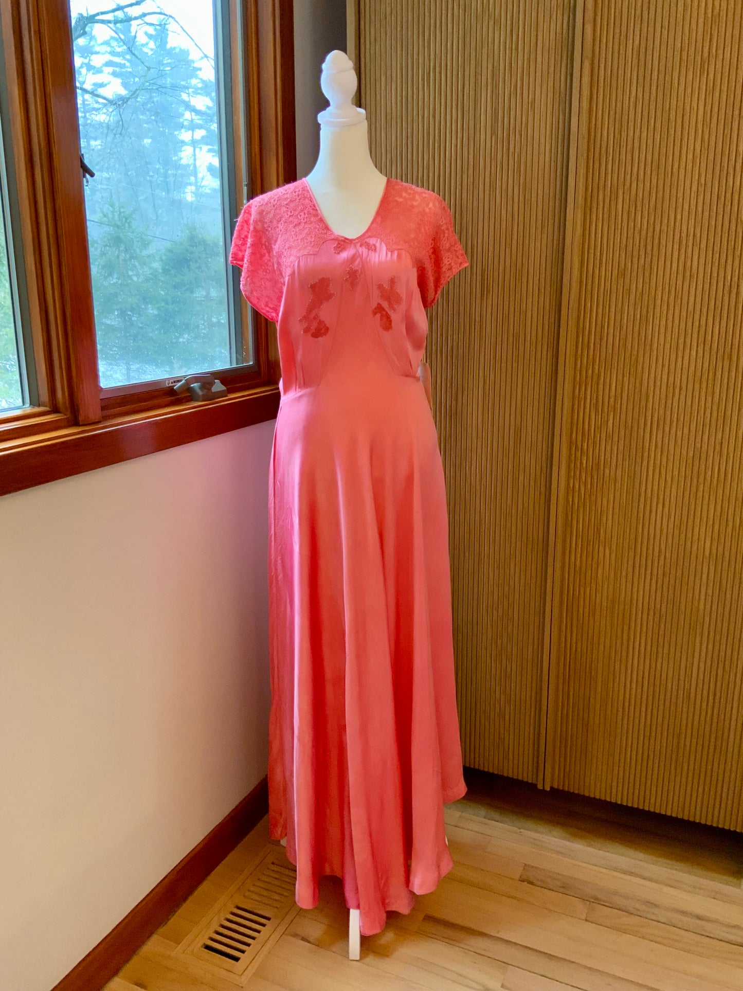 1970s Hand Dyed Coral Satin Gown | 1940s Inspired Lace Cap Sleeve Maxi Dress | Vintage Pink Bias Evening Dress
 - 50AG