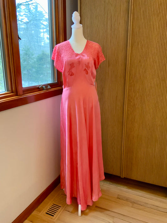 1970s Hand Dyed Coral Satin Gown | 1940s Inspired Lace Cap Sleeve Maxi Dress | Vintage Pink Bias Evening Dress
 - 50AG