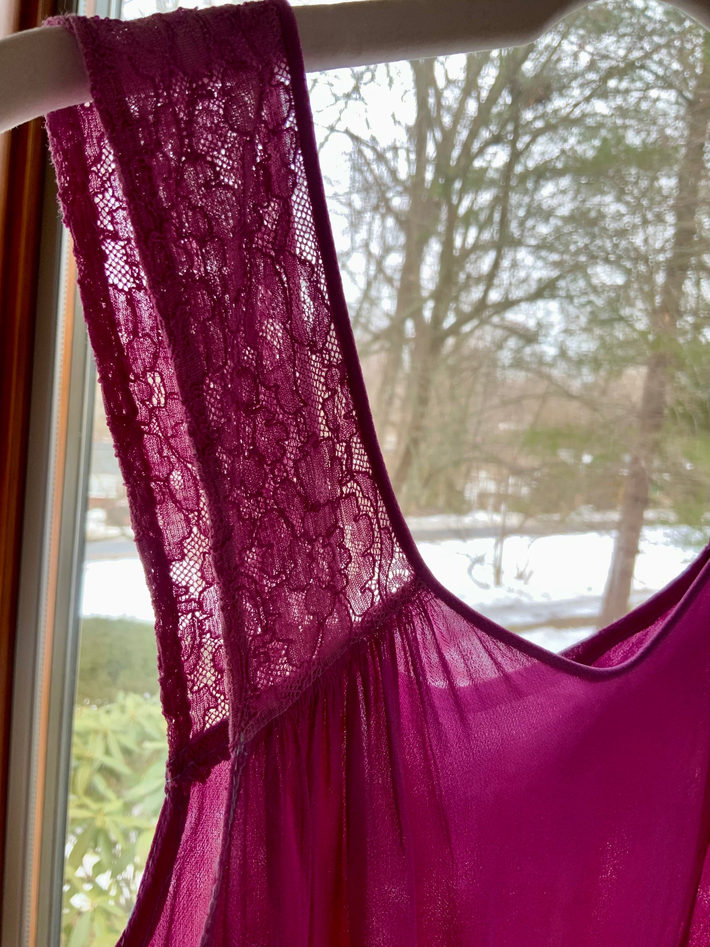 Vintage 1970s Sheer Chiffon Boudoir Gown Hand Dyed Fuchsia Lace Empire Waist XS Lingerie Dress - 70D