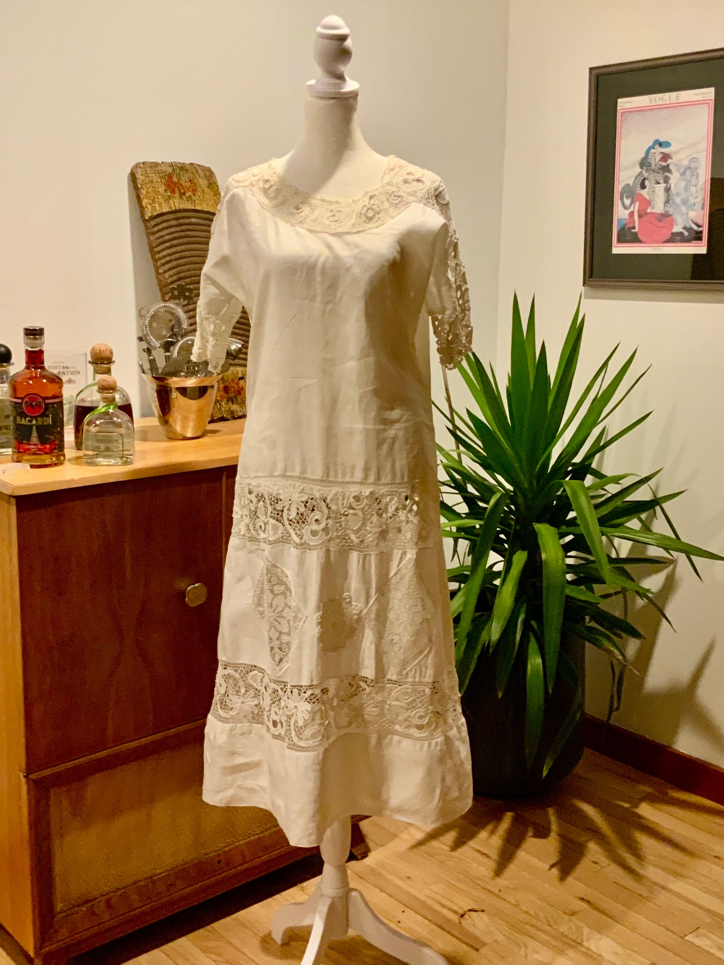 Edwardian Cotton & Lace Tea Dress c.1905–1915 |Antique Lingerie Dress with Battenberg & Crochet Lace-ED32