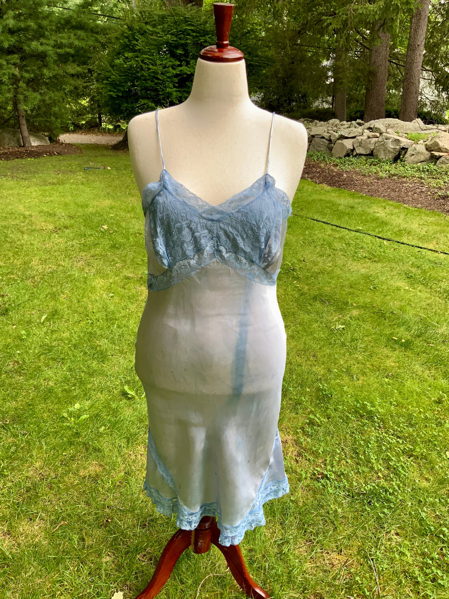 1930s Hand-Dyed Ice Blue Satin and Lace Bias-Cut Full Slip.50BA