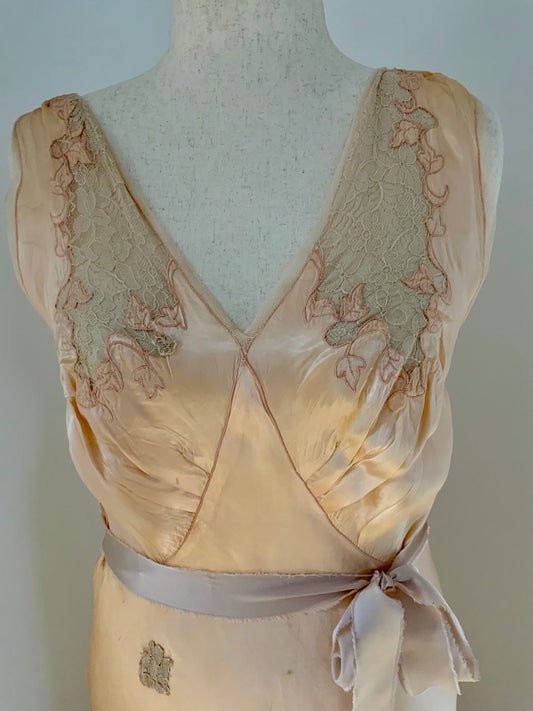 Vintage Hand-Dyed Silk Slip Dress with Lace Bodice | 30s–40s
 - 40AW