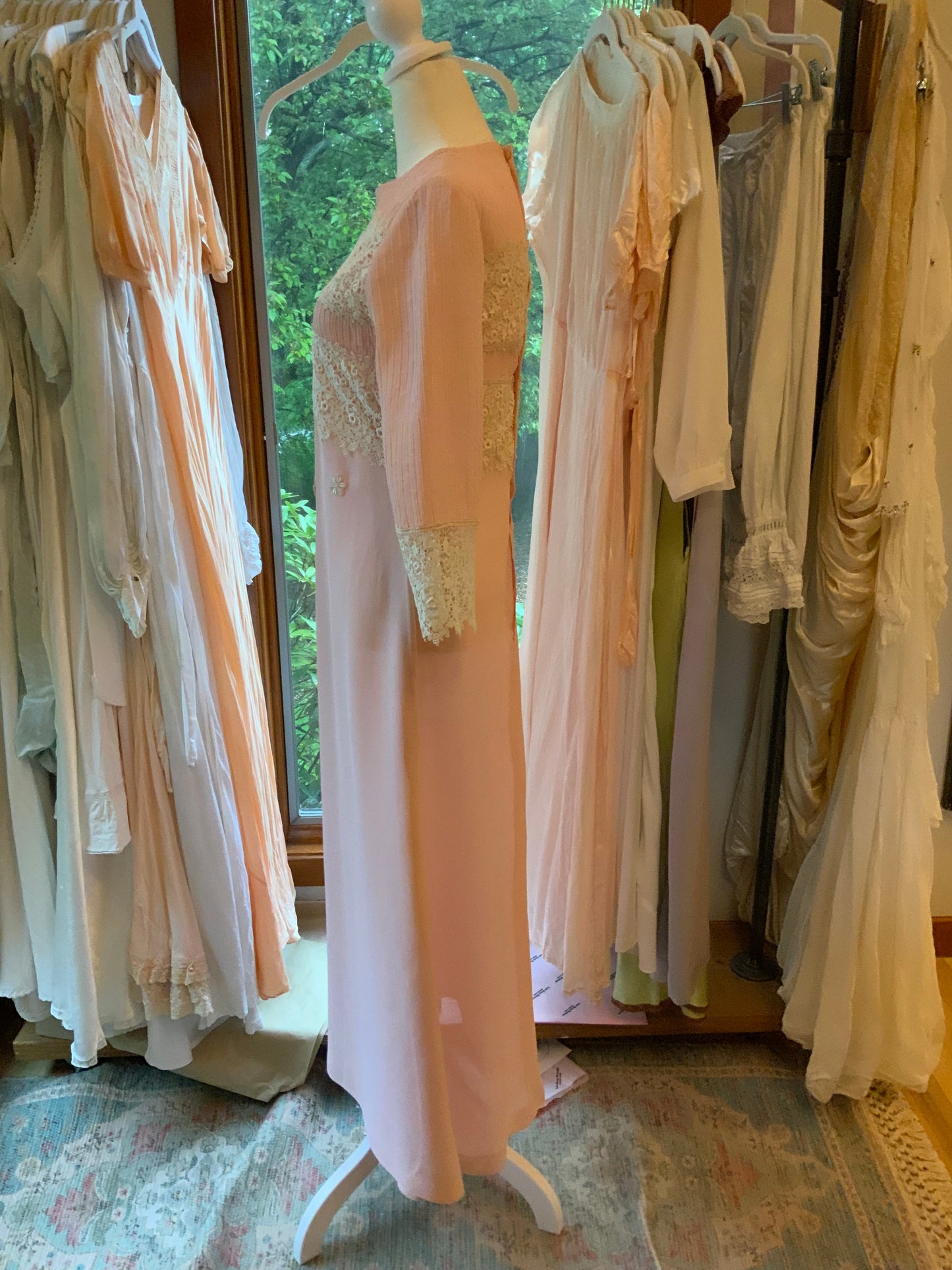 1970s Pink Lace Hostess Gown with Sheer Sleeves - 70BC