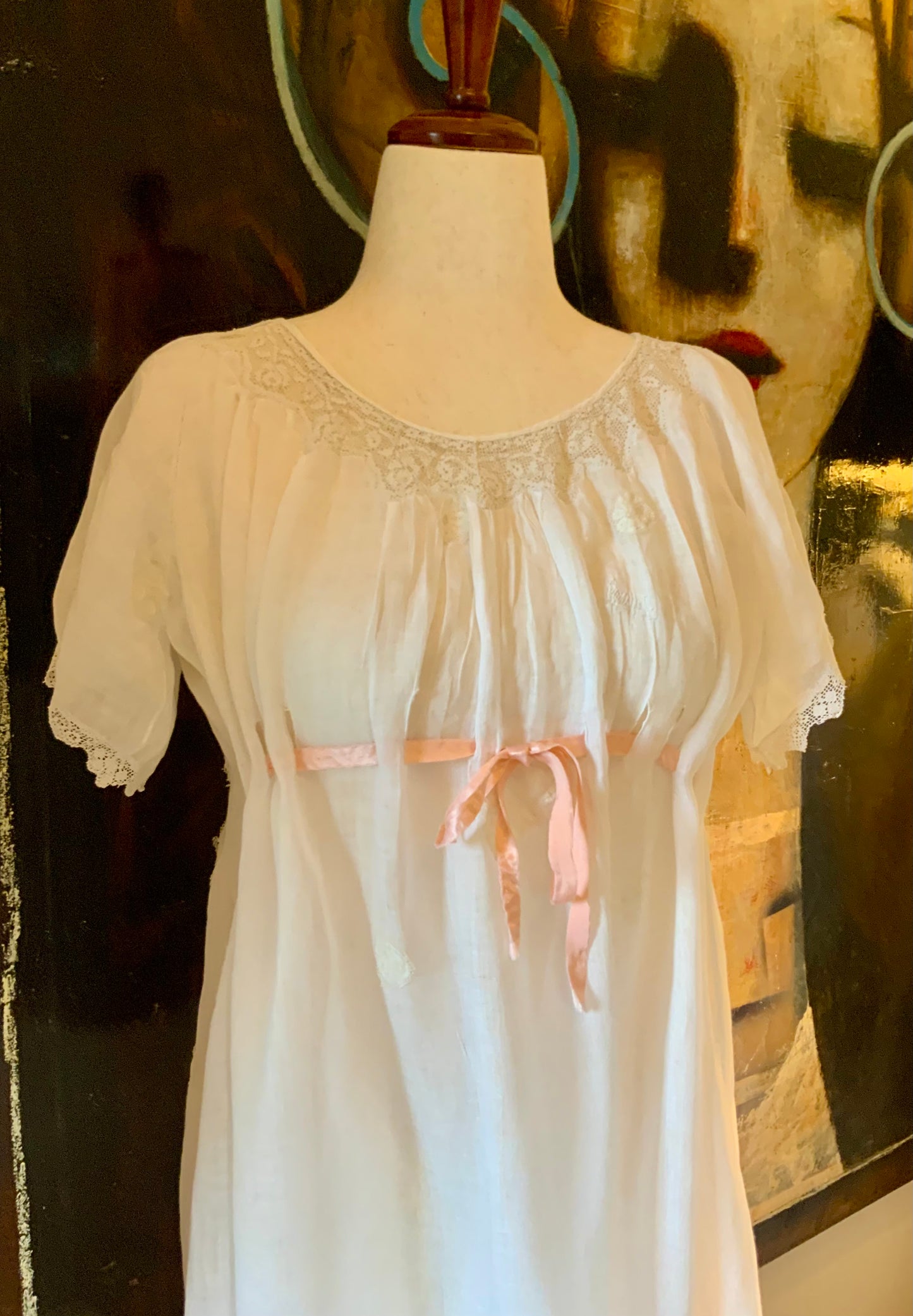 Antique Edwardian Cotton Nightgown “Carmela” Hand Repaired with Filet Lace Appliqués – Restored Heirloom Piece-ED81