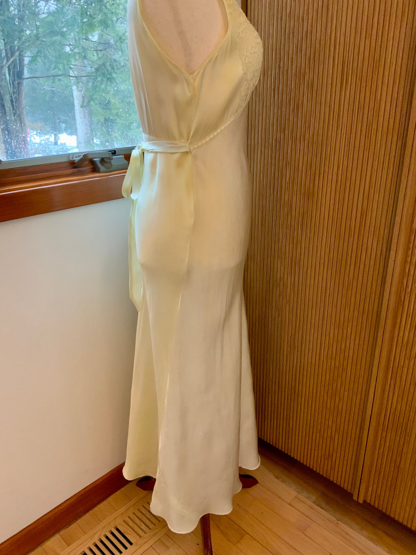 1970s Hand Dyed Bias Cut Satin Gown | 1940s Inspired Lace Bodice Maxi Dress | Pale Celadon Vintage Slip Dress- 40V