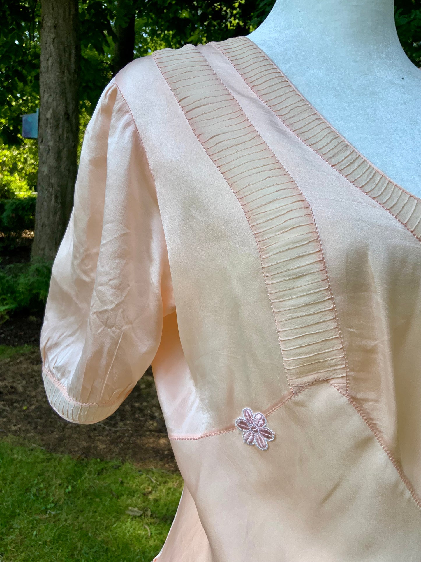 Rare Late 1930s Peach Silk Evening Gown. Pleated Bodice. Bias Cut. Restored Floral Details.30CY
