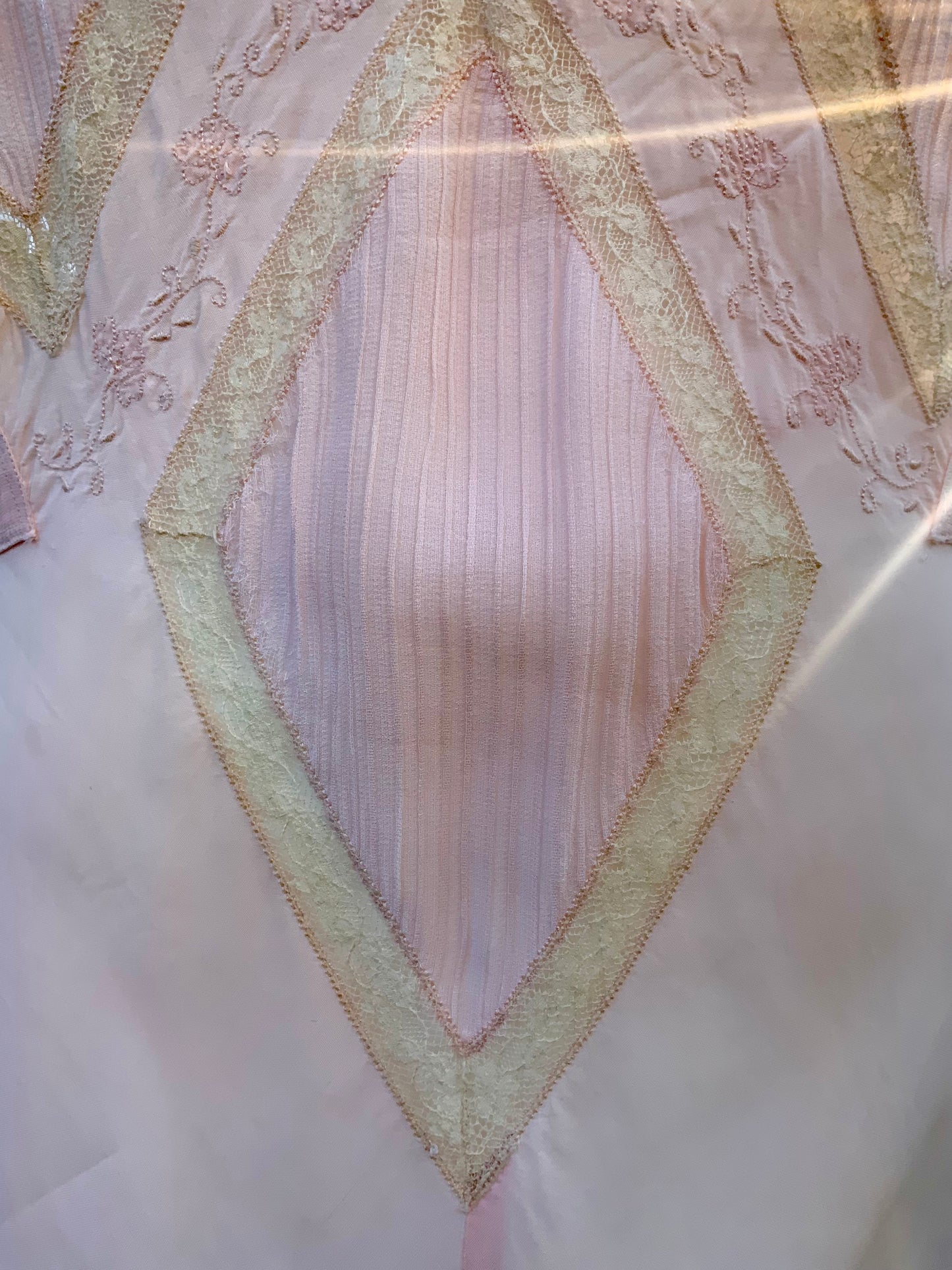 1930s Blush Rayon Nightgown – Art Deco Plissé, Embroidery & Lace - 30AY