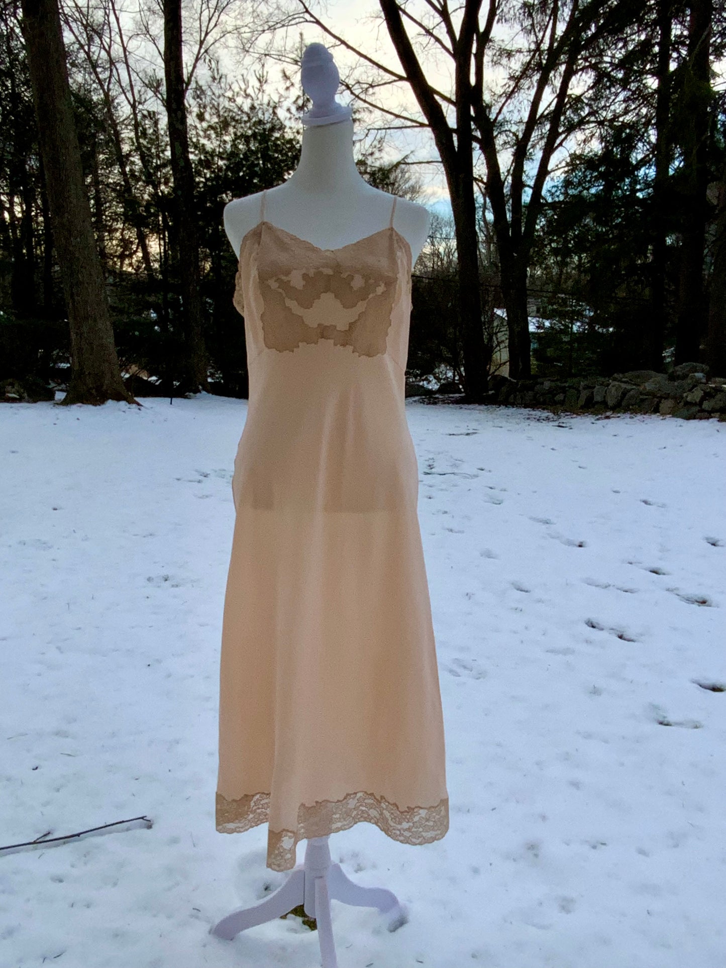 Late 1930s True Silk Peach Slip Dress with Lace Bodice | Bias Cut Antique Lingerie-40AR