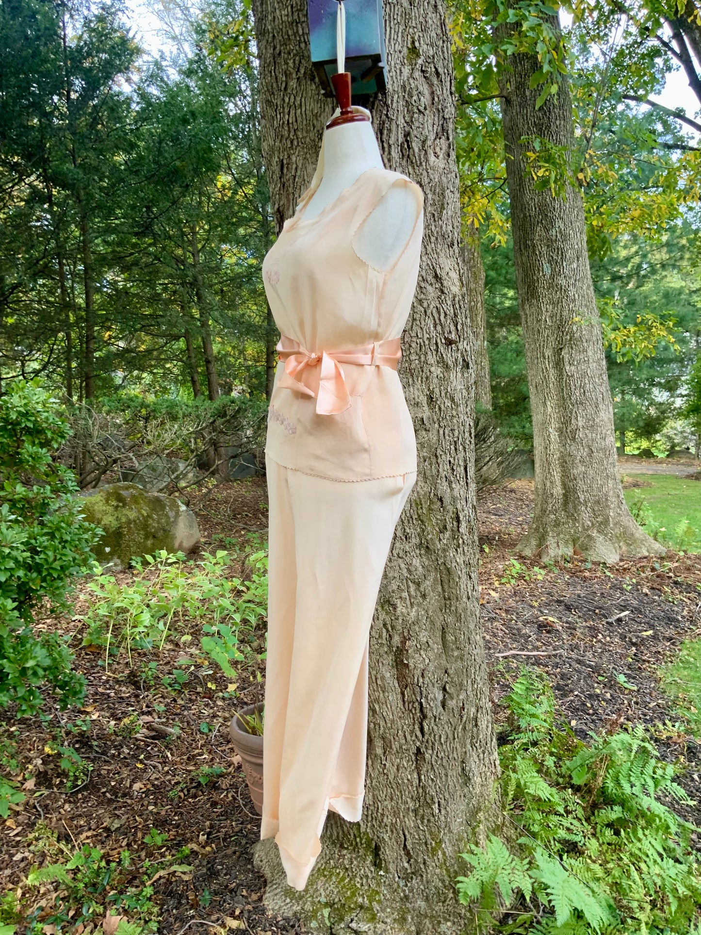 1920s–1930s Pure Silk Peach Pajama | Hand Restored with Vintage Floral Appliqués & Satin Ribbon | One-of-a-Kind Collectible Loungewear- 20AJ