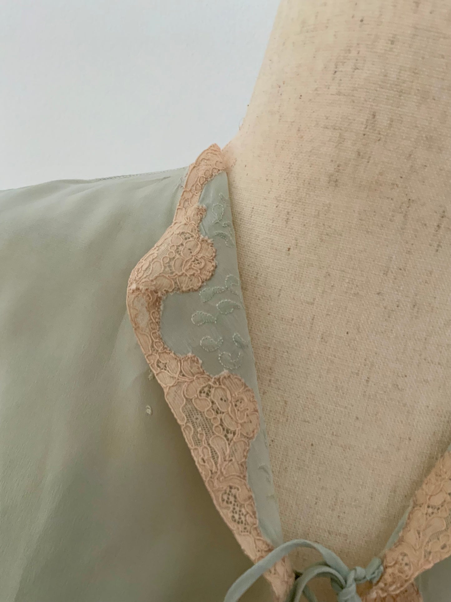 1930s Seafoam Silk Chiffon Bed Jacket with Blush Lace | Antique Boudoir Blouse-30BC