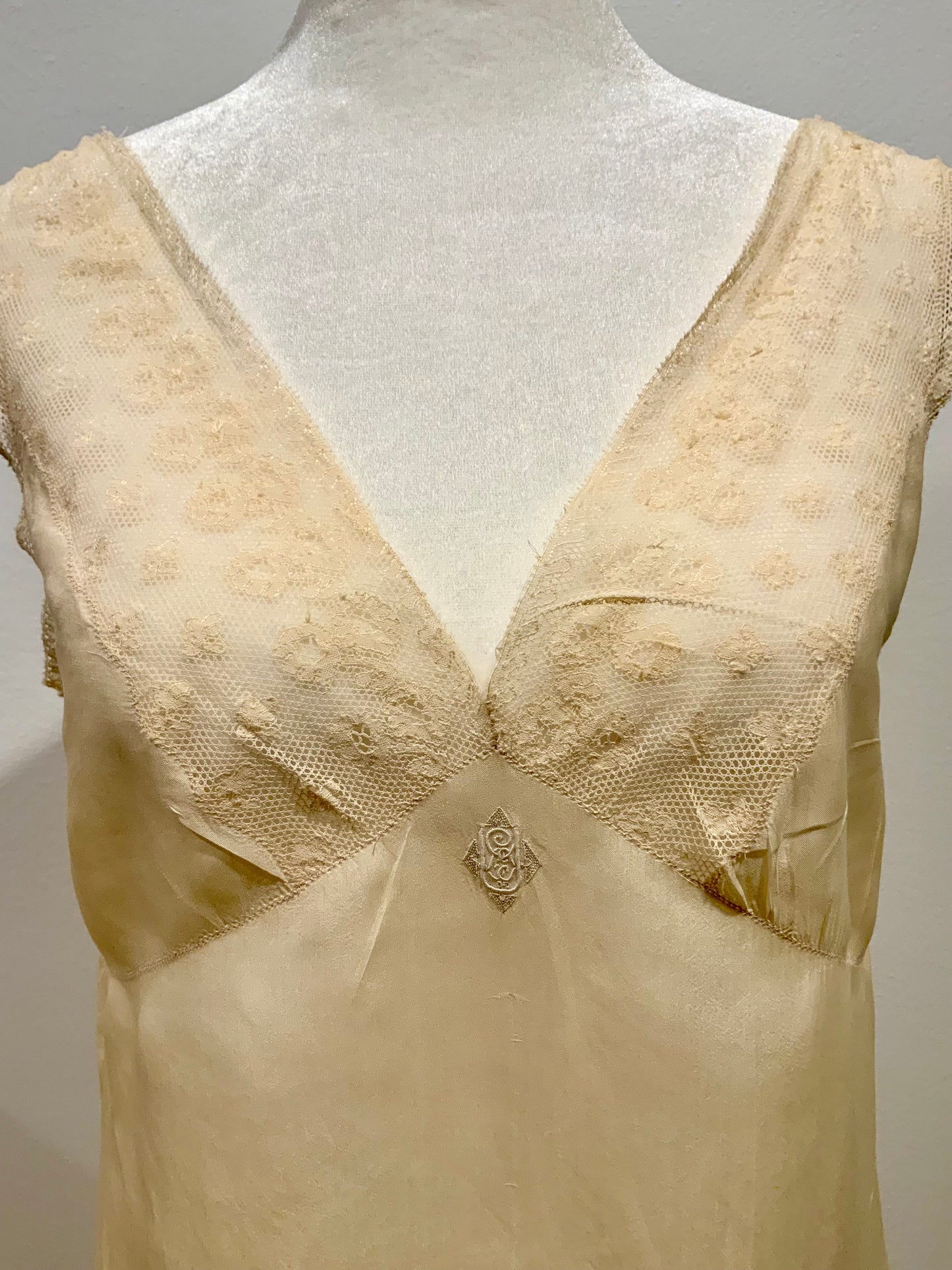 1920s–30s Pure Silk Lace Bias Cut Bridal Nightgown | Antique Monogrammed Trousseau Dress-20AV