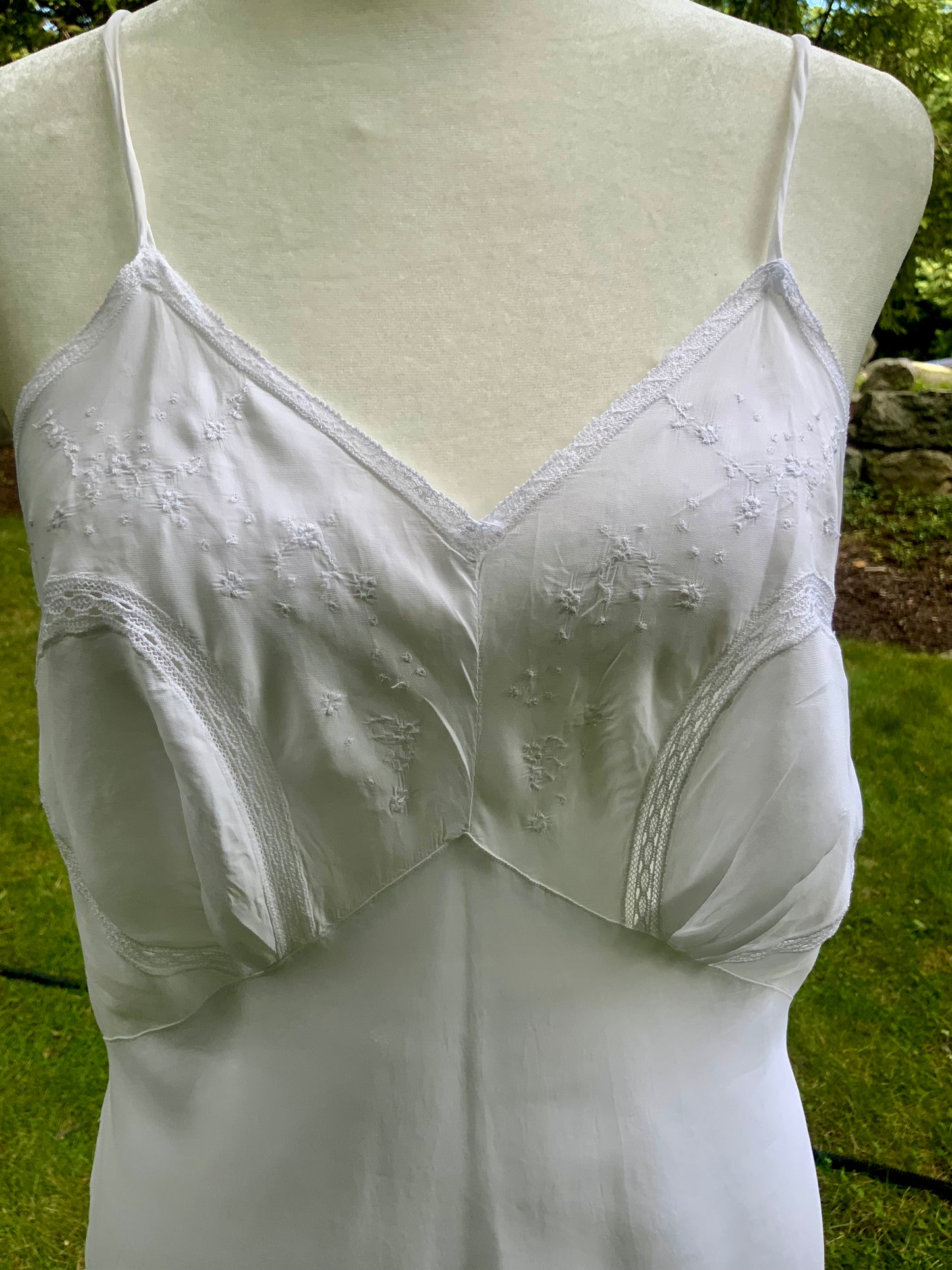 1930s White Satin Nightgown. Embroidered Bias Cut Slip Dress. Bridal Lingerie Gown .30CQ