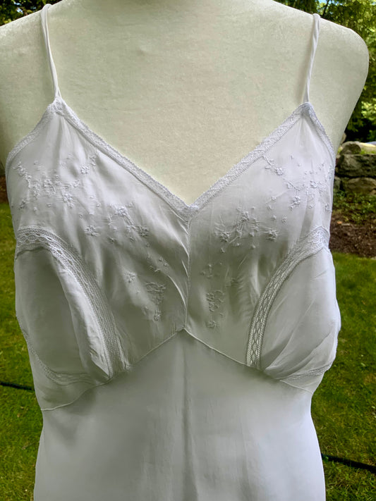 1930s White Satin Nightgown. Embroidered Bias Cut Slip Dress. Bridal Lingerie Gown .30CQ