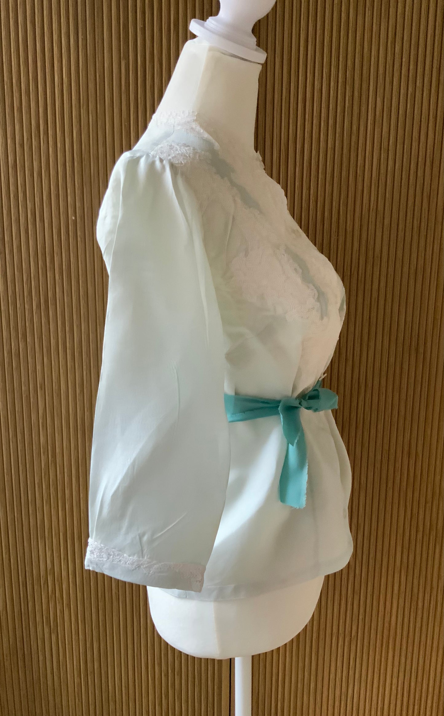 1940s Silk Satin Blouse with Lace Appliqué | Mint Green | Edwardian Revival-40AT