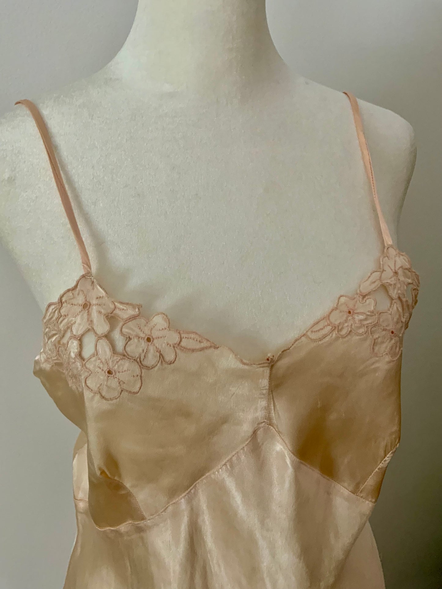 1930s Silk Satin Bias Cut Slip Dress with Floral Lace | Champagne Vintage Lingerie Gown-30BC