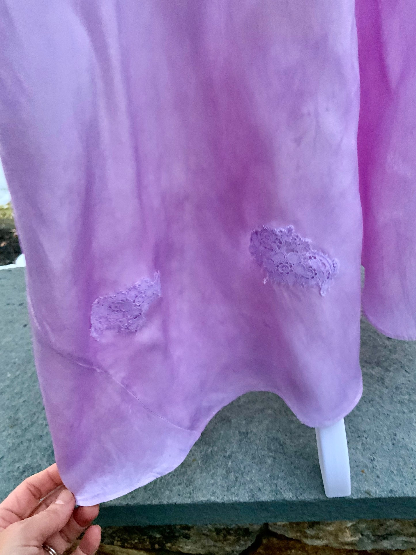 1970s Lilac Satin & Lace Gown – Hand Dyed Romantic Vintage Maxi Dress
 - 50V