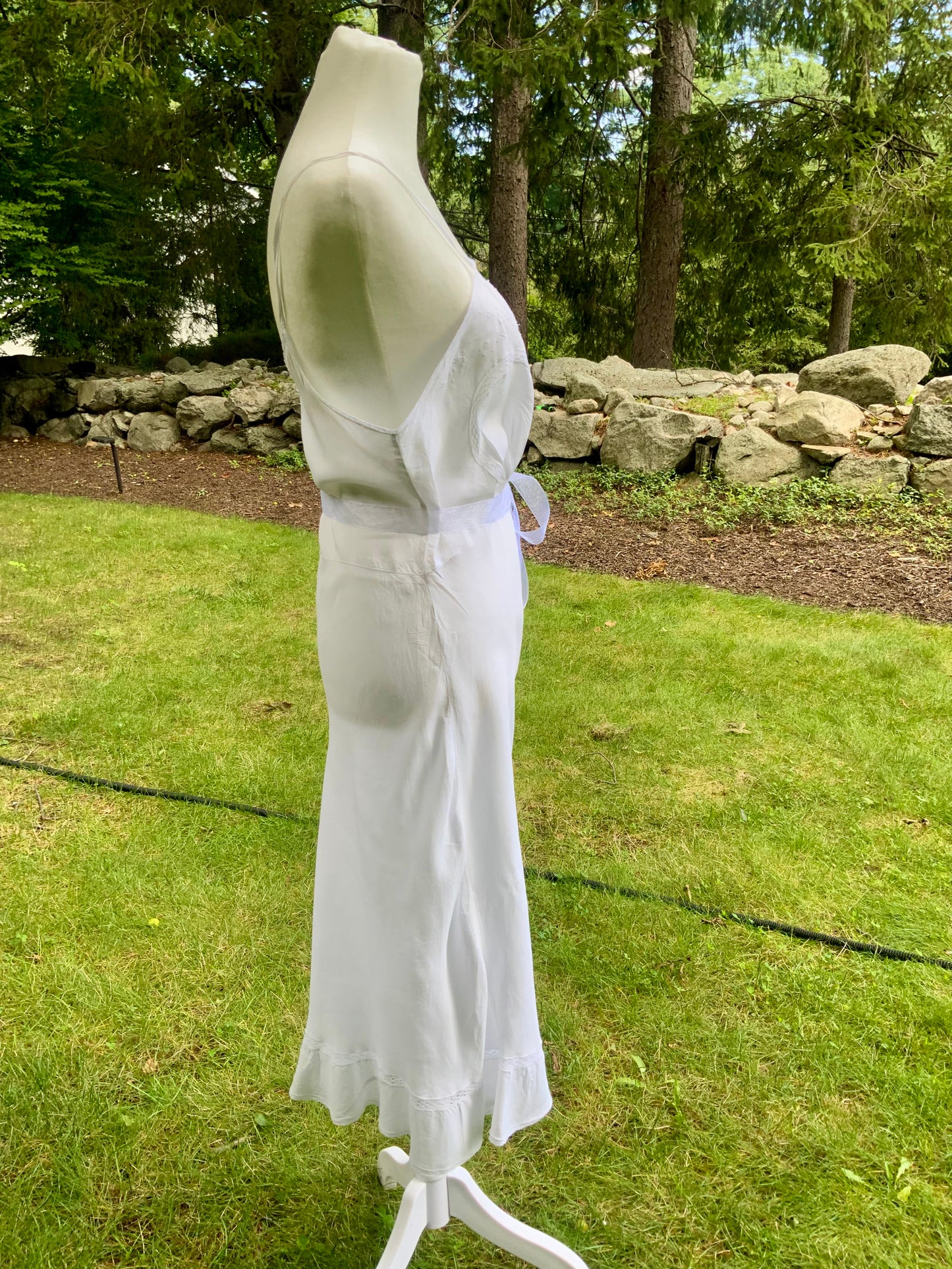 1930s White Satin Nightgown. Embroidered Bias Cut Slip Dress. Bridal Lingerie Gown .30CQ