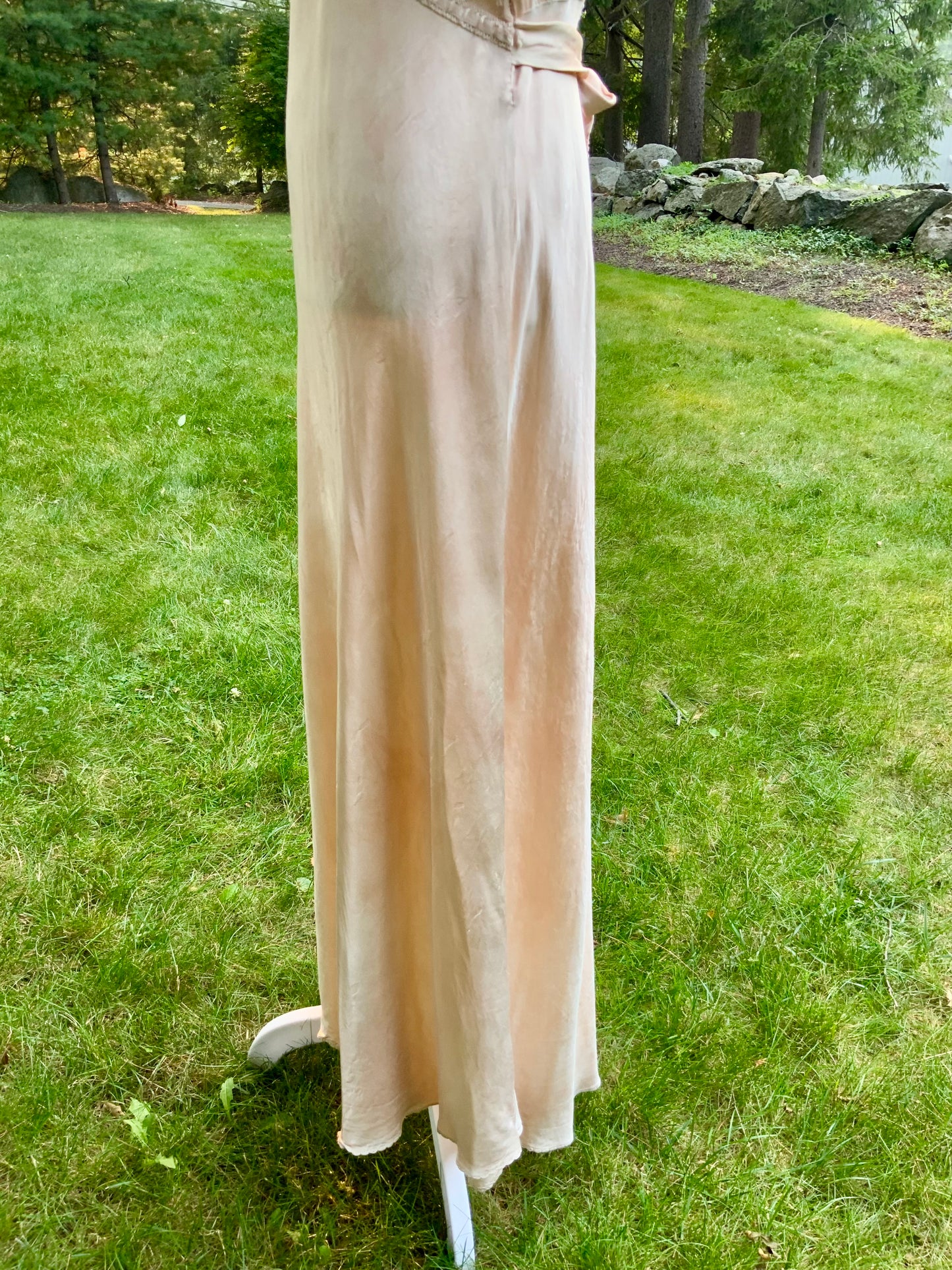 Late 1930s Tea Dyed Champagne Satin Gown Hollywood Glamour Vintage Bridal Slip Dress Boudoir-40BM