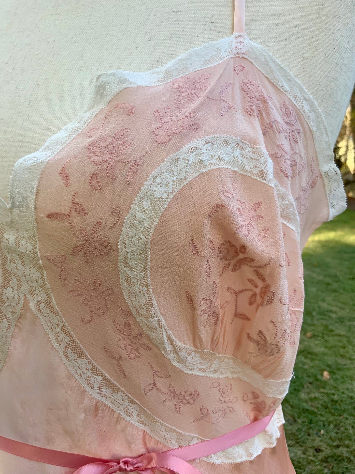 1930s Blush Satin & Chiffon Slip Dress – Floral Embroidery & Lace Panels - 30BA