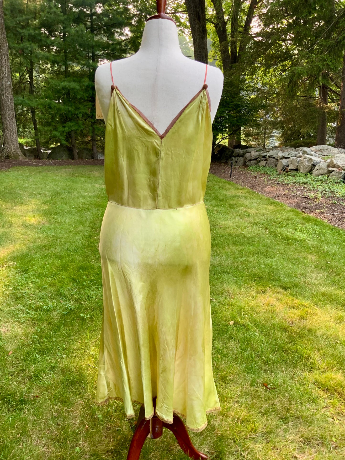 1930s Hand Dyed     Botanical Inspired Hand Dyed Silk Slip Dress. One of a Kind Woodland Fairy Bias Cut Gown.30BZ