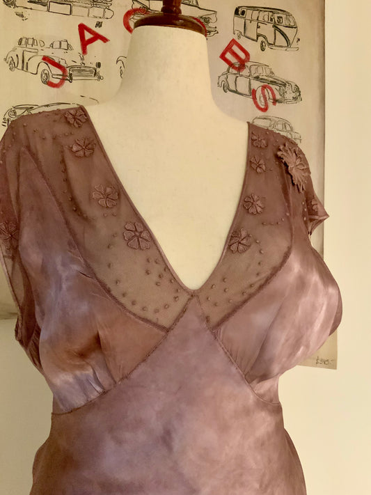1930s Hand Dyed Mauve Bias Cut Evening Dress. Restyled Vintage Satin Gown.Embroidered Tulle.Lulu Boop Vintage-30CW