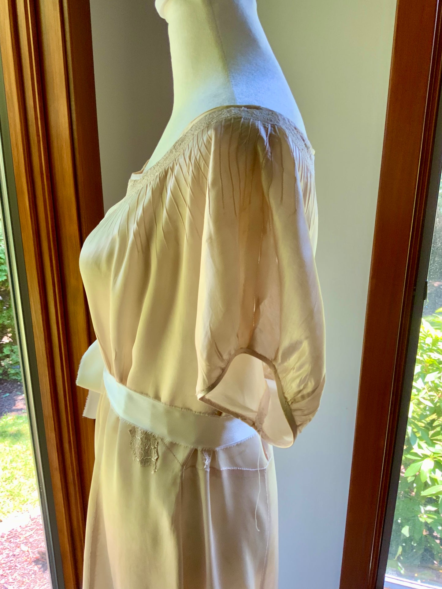 1930s Tea Dyed Silk Gown | Restored Antique Silk Lounge Dress | Lace Appliqué
