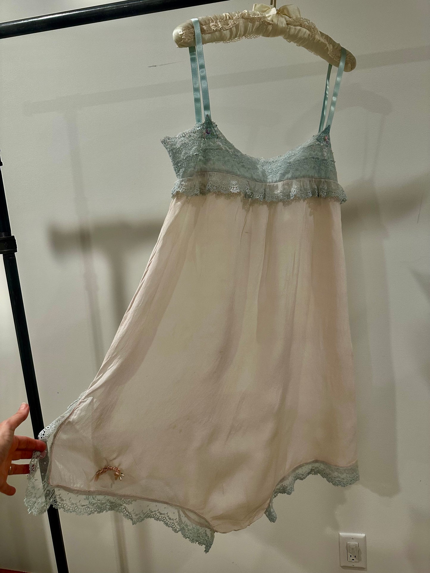 1920s–30s Pure Silk Teddy in Blush Pink with Powder-Blue Lace & Rare Antique Appliqués – Bridal Lingerie - 20AQ