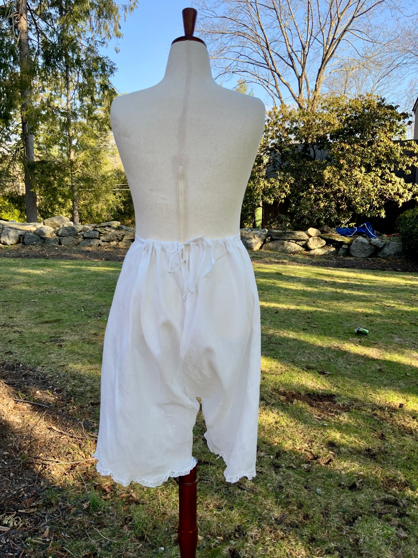 Antique Edwardian Split Drawers Bloomers – White Cotton Lingerie Pants with Hand Embroidery & Lace Hem – Early 1900s-ED71