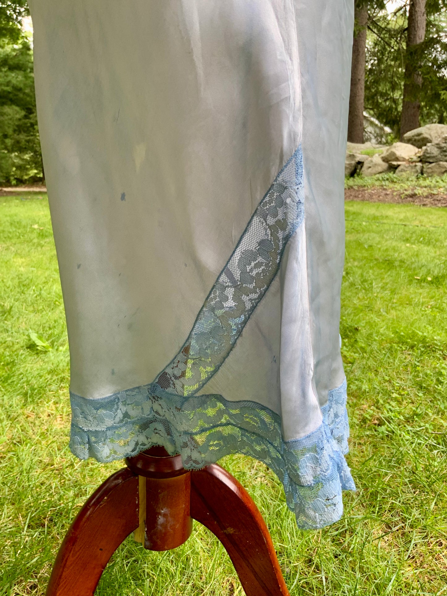 1930s Hand-Dyed Ice Blue Satin and Lace Bias-Cut Full Slip.50BA