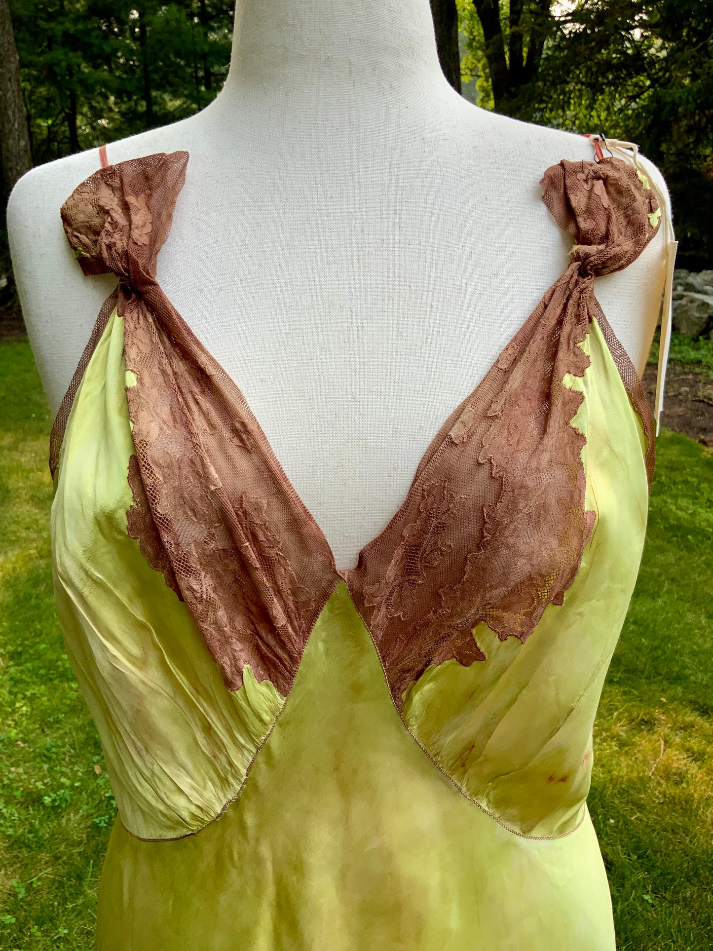 1930s Hand Dyed     Botanical Inspired Hand Dyed Silk Slip Dress. One of a Kind Woodland Fairy Bias Cut Gown.30BZ