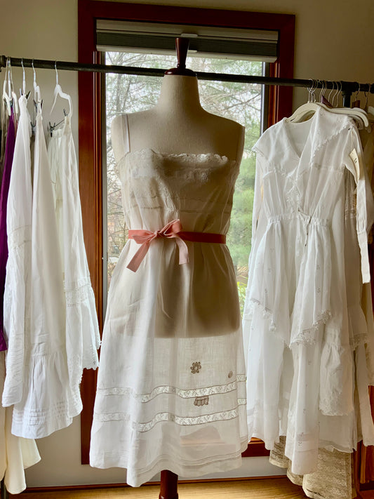 Antique 1910s Cotton Batiste Lingerie Dress with Lace Insertion & Hand Embroidery-ED74