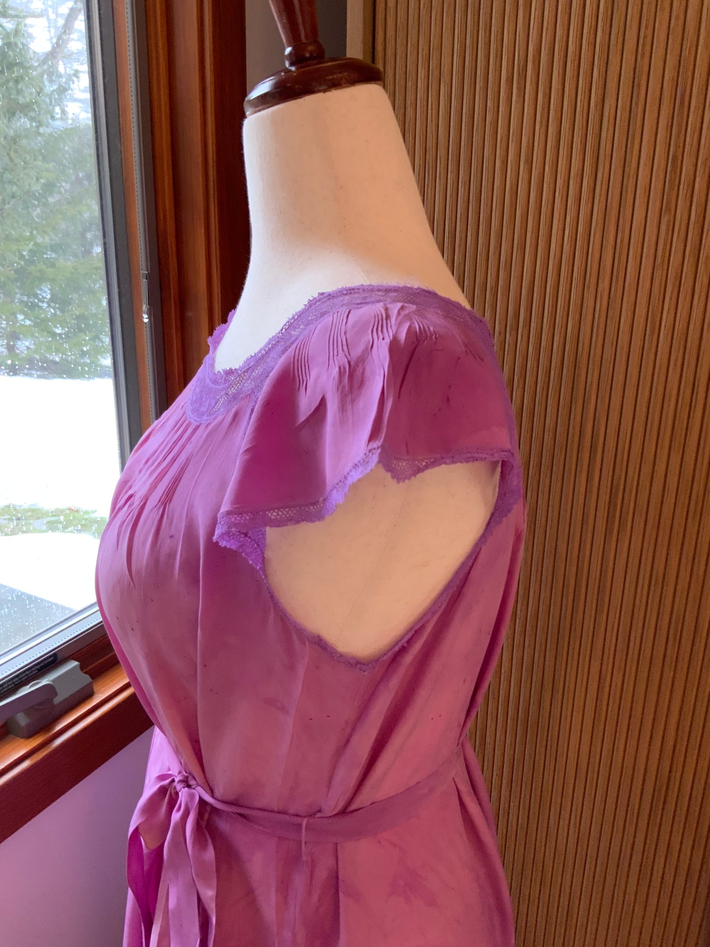 Hand Dyed Silk 1920s–30s Gown | Lavender Lace Pintuck Maxi Dress | Antique Silk Day Dress with Original Belt- 20AD