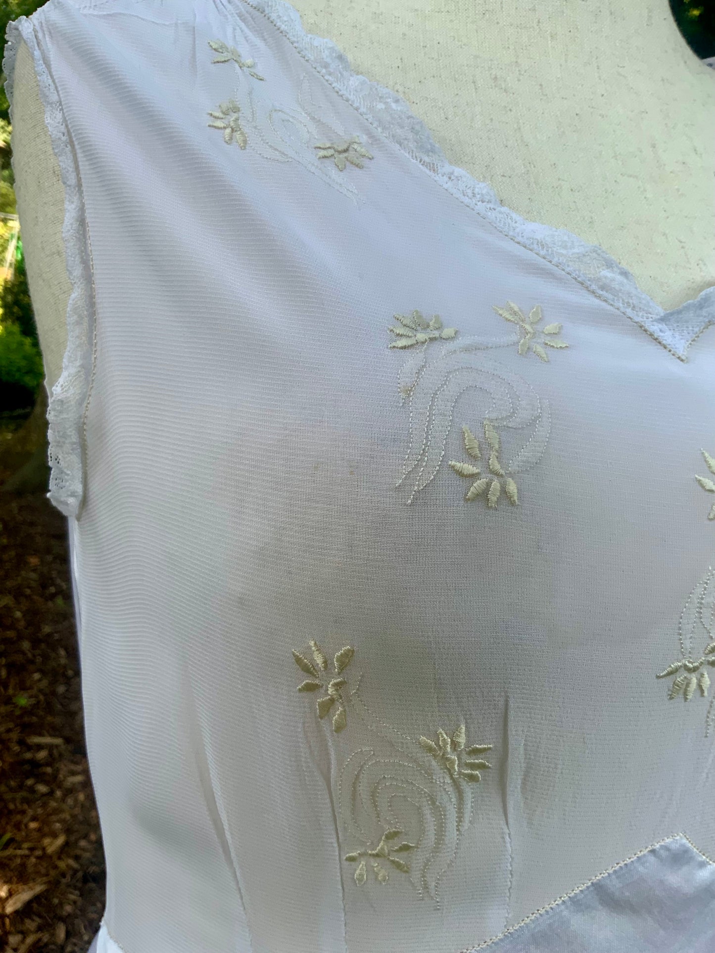 Vintage Satin & Embroidered Sheer Top Slip Dress | 1930s Bias Cut Boudoir Gown-AAA