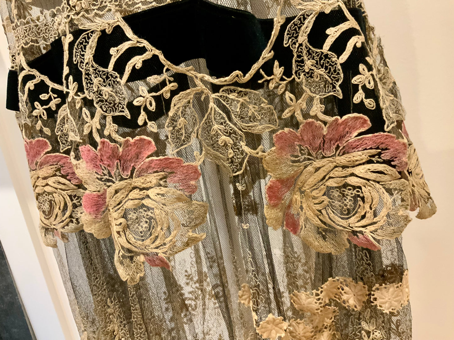 Rare 1920s French Lace Dress. Black Net & Pink Floral Embroidery. Restored Antique Flapper Dress.20AT.