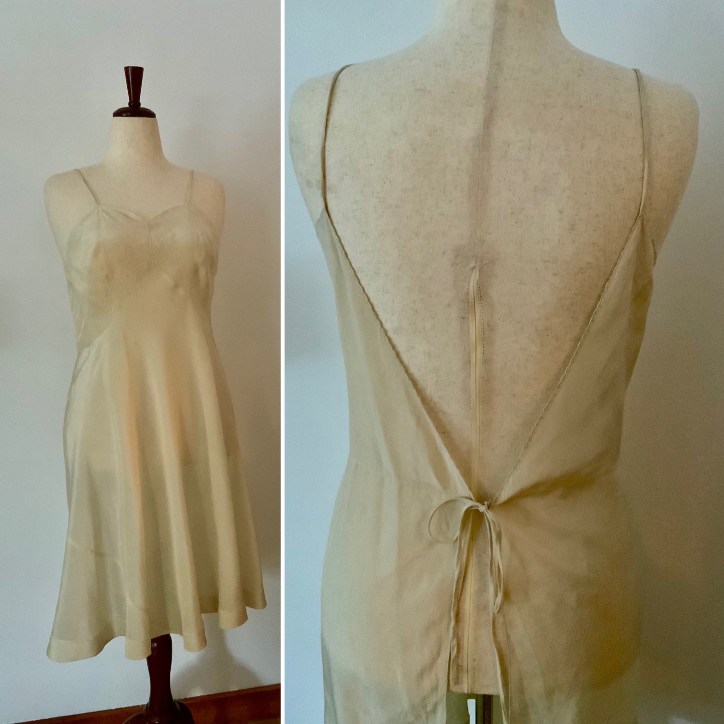 Antique silk lingerie slip, circa 1918–1922, featuring rare open-back drawstring construction and hand-embroidered bust panels- 20AR