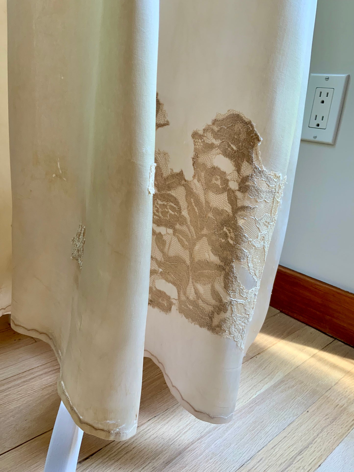 1930s Tea Dyed Silk Gown | Restored Antique Silk Lounge Dress | Lace Appliqué
