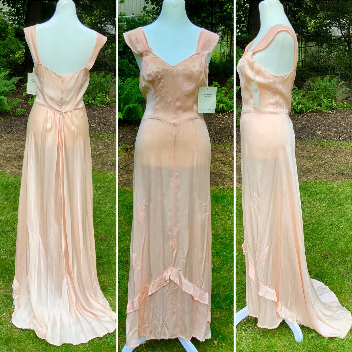 1930s Peach Silk Embroidered Gown with Train. Alternative Vintage Bridal Dress.30CF
