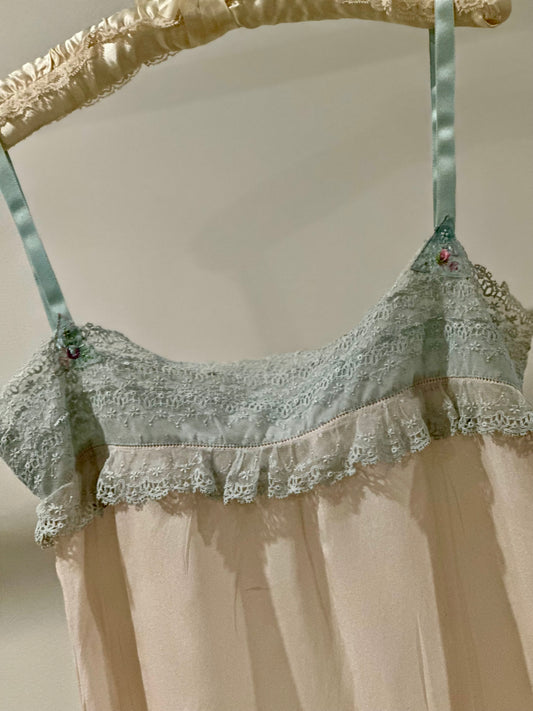 1920s–30s Pure Silk Teddy in Blush Pink with Powder-Blue Lace & Rare Antique Appliqués – Bridal Lingerie - 20AQ